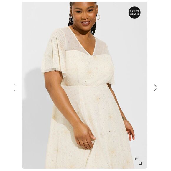 Torrid Midi Mesh Flutter Sleeve Dress Pristine Starburst Wedding Bridal Midi 2X - Picture 3 of 13